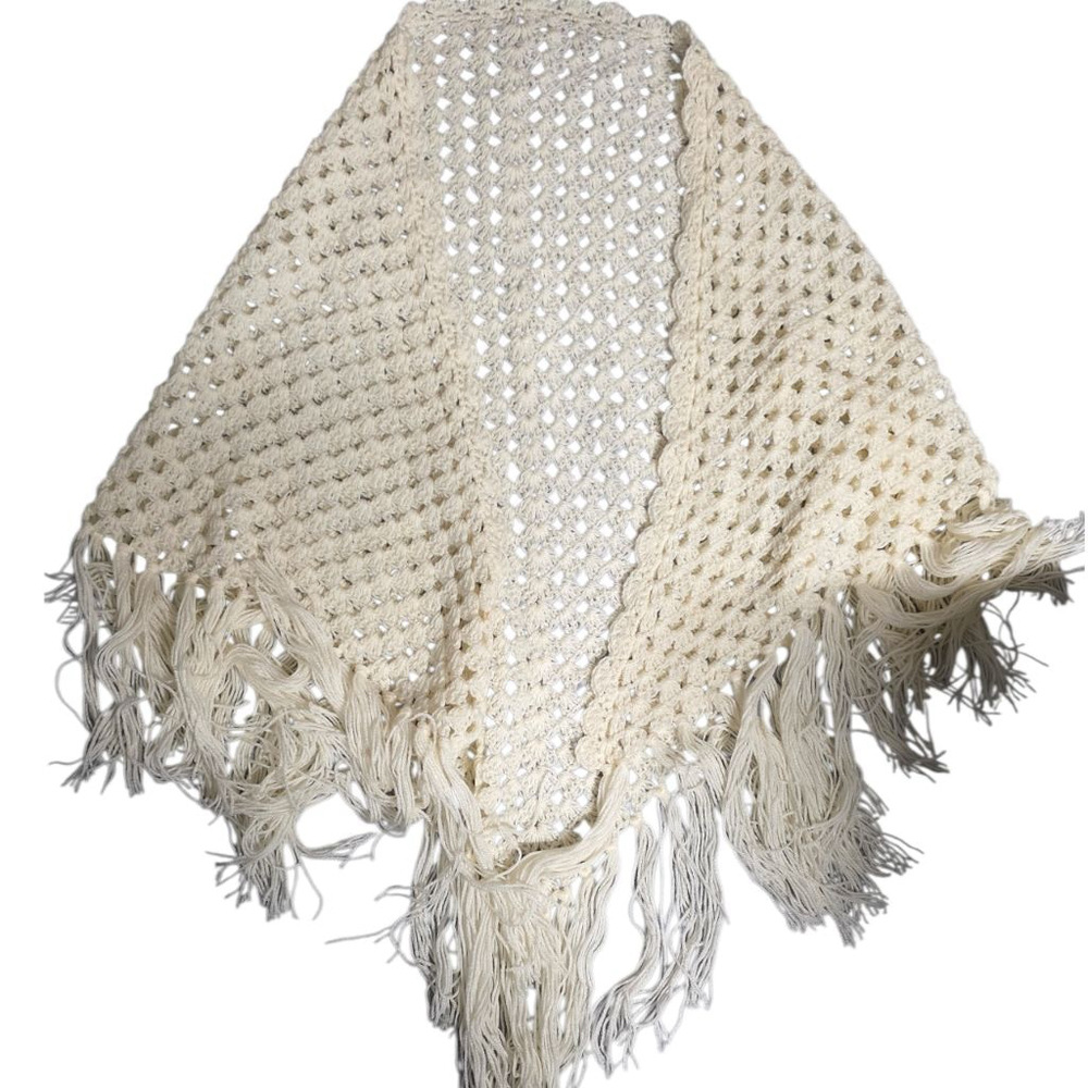 Vintage Crochet Triangle Shawl Ivory Fringe Boho Cottagecore‎ Large 72x32 Wrap